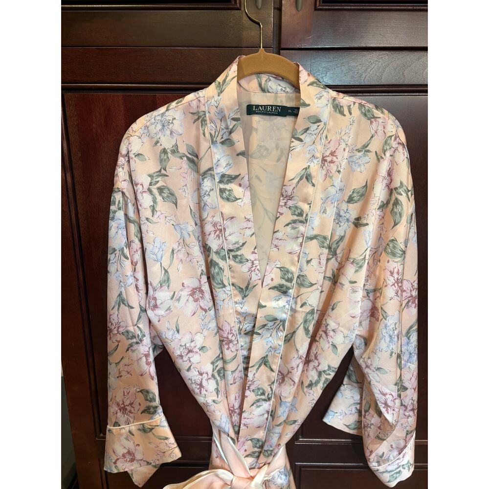 Lauren Ralph Lauren Pink Floral Satin Bell Sleeve Robe Size XL - Picture 3 of 12